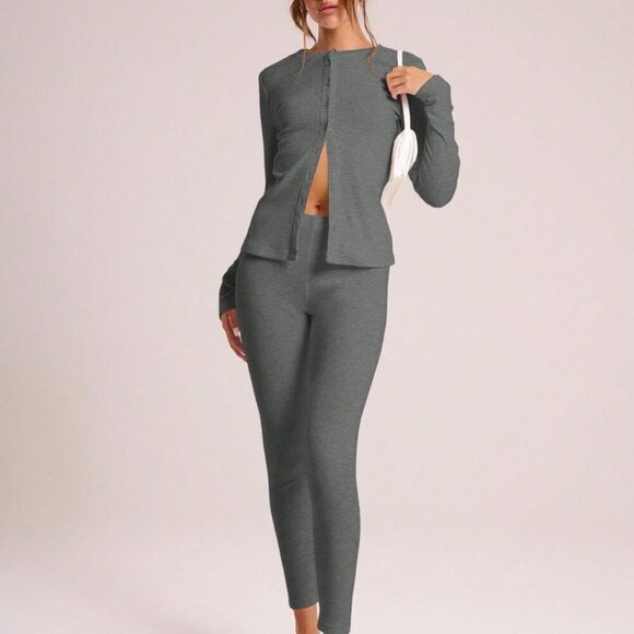 Dark Grey Casual Women's Ribbed Button Through Long Sleeve Crew Neck Top - Picture 3 of 5